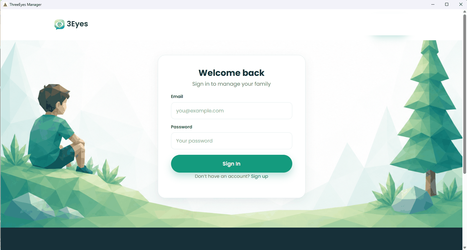 3Eyes Manager parent sign-in screen with email and password fields