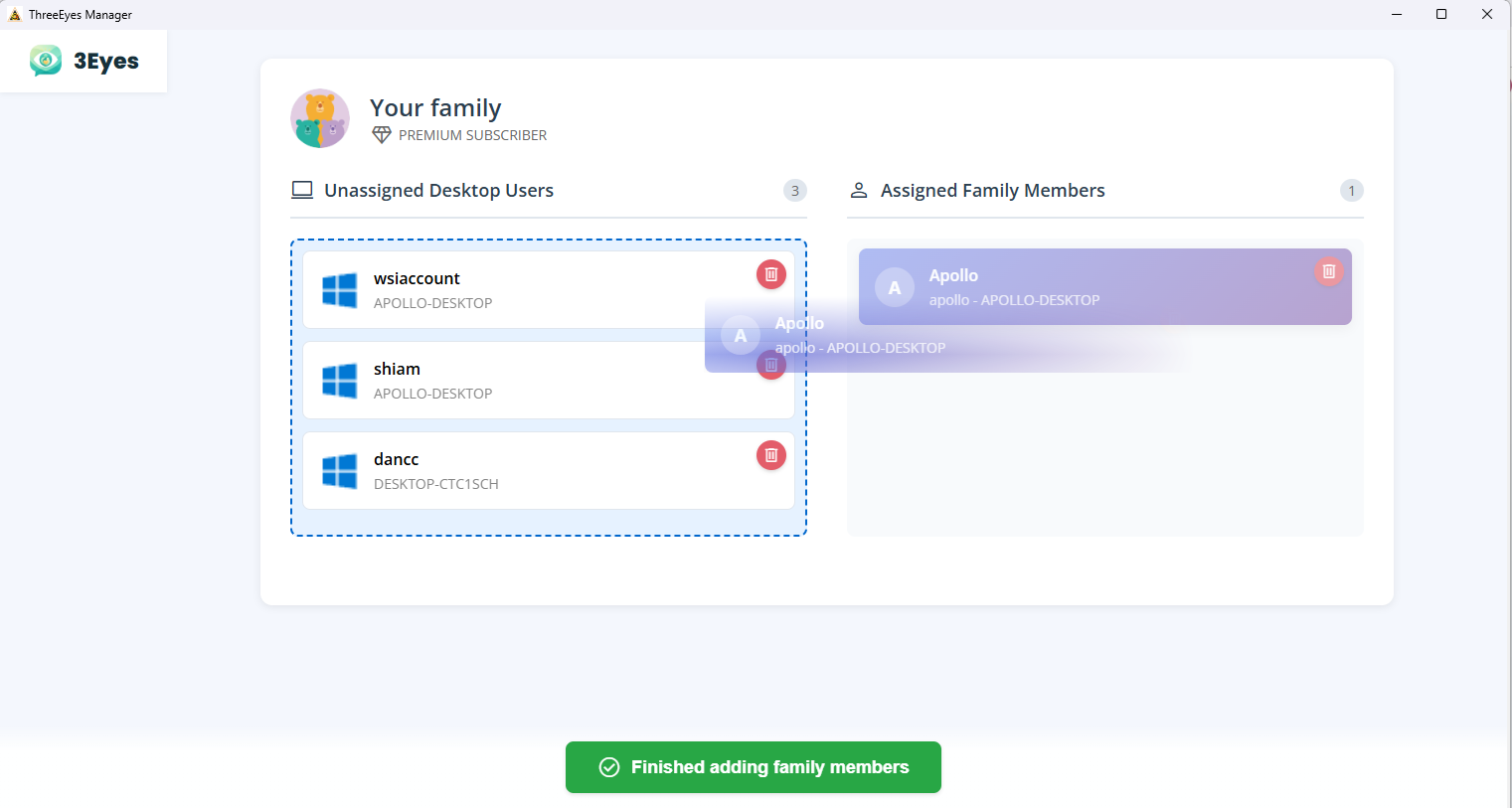 Dragging a child's account card from the unassigned column across to Assigned Family Members