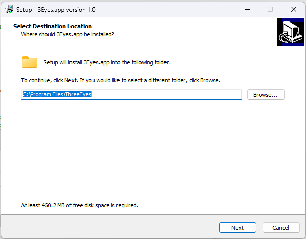3Eyes Windows installer, Select Destination Location screen