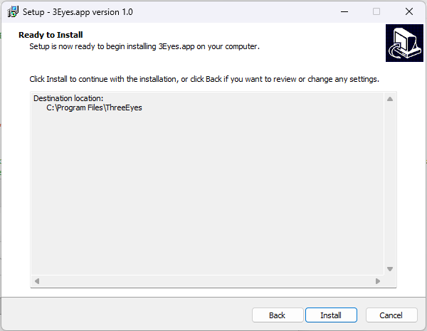 3Eyes setup: Ready to Install, summarising the destination folder and shortcut choices
