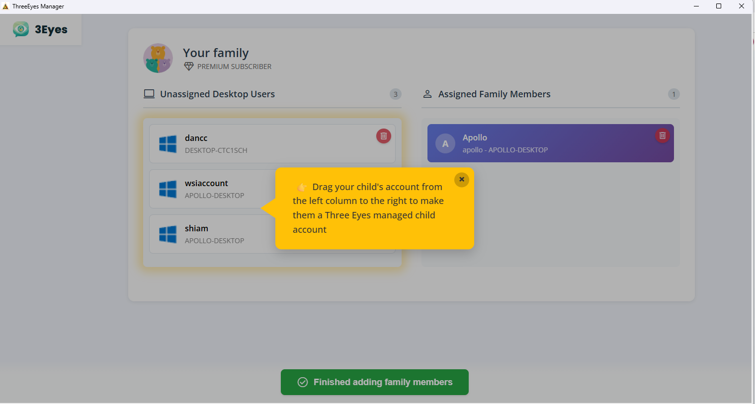 Your Family screen showing Unassigned Desktop Users on the left and Assigned Family Members on the right