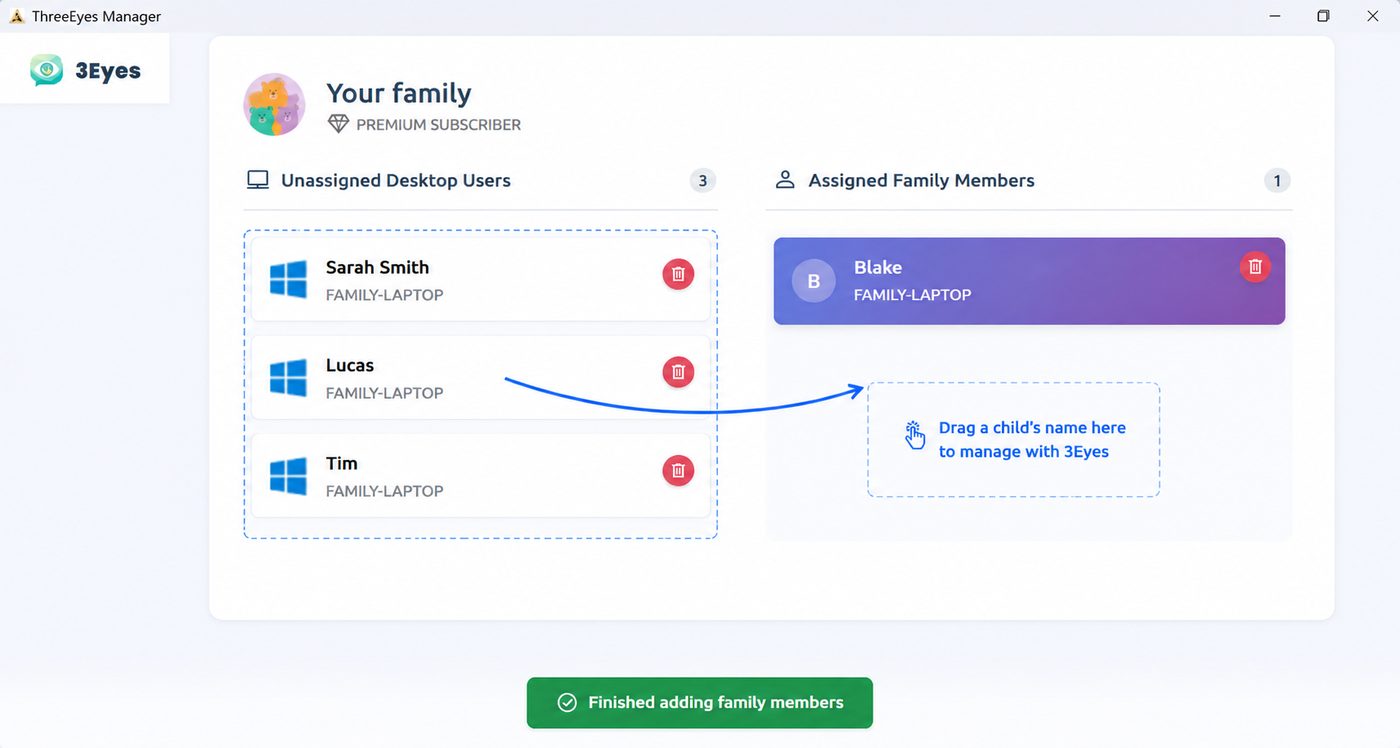 Dragging a child's computer account across to the managed list in the 3Eyes desktop app