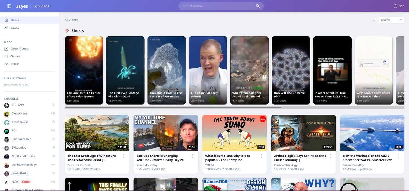 The 3Eyes video home page: a sidebar listing approved channels including CGP Grey, CrashCourse, Cleo Abram and Professor Dave Explains, above a grid of videos drawn only from those channels.