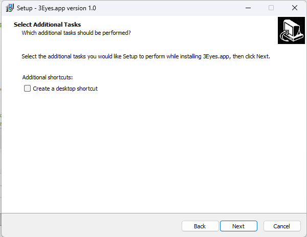 3Eyes setup: Select Additional Tasks, with the create a desktop shortcut option